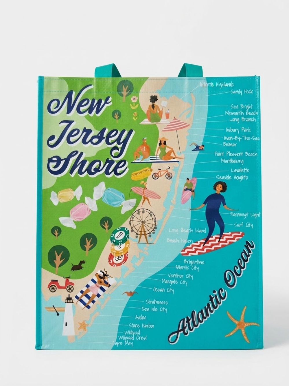 New Jersey Shore Reusable Tote Bag Teal Green Blue Eco-Friendly GroceryShopping